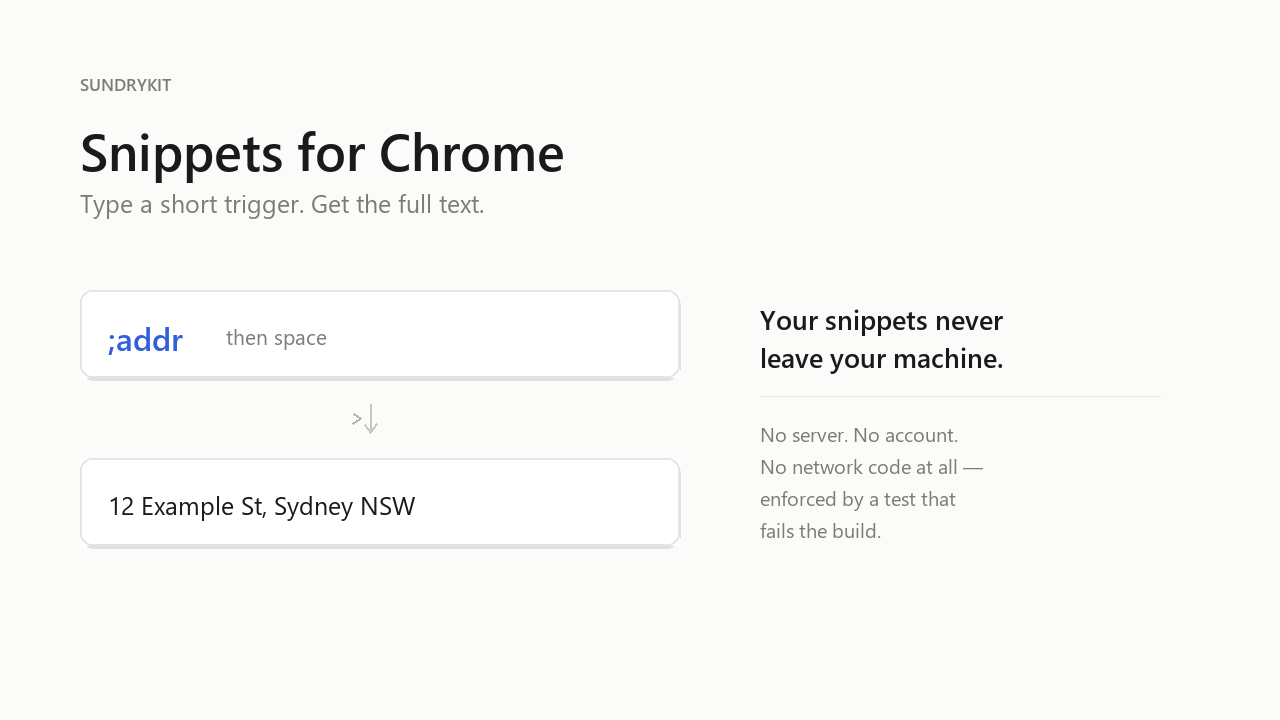 Typing ;addr in a text field, then the field showing the full expanded address, 12 Example St, Sydney NSW